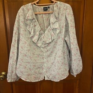 GAP Pale Blue Floral Ruffle Front Blouse